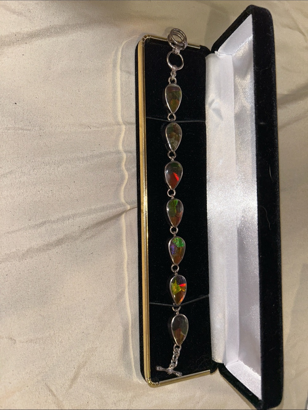 Sterling Silver Teardrop Ammolite Link Bracelet - Iridescent Green & Red